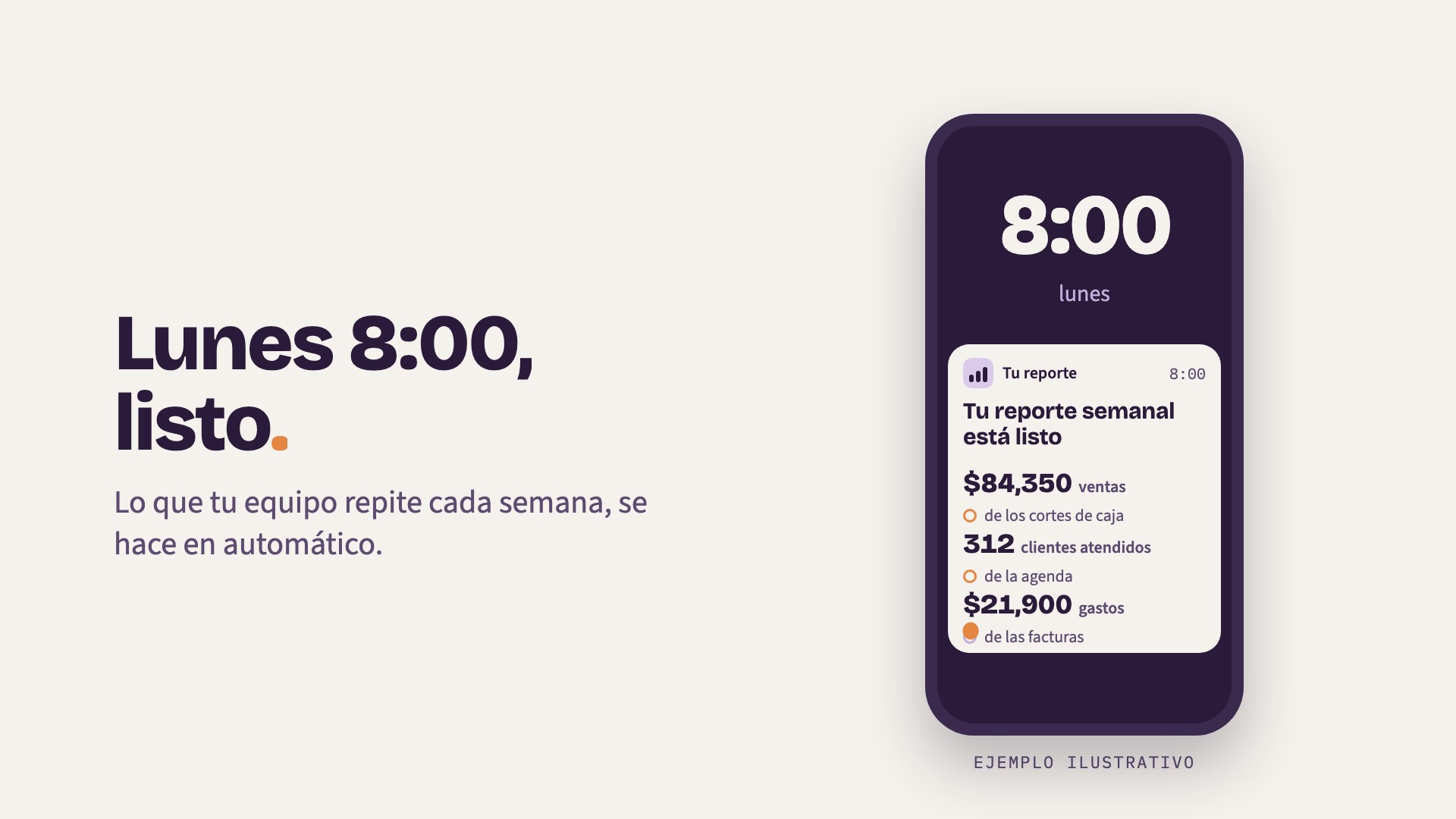 Reporte semanal listo en el celular el lunes a las 8:00, con tres cifras y su fuente