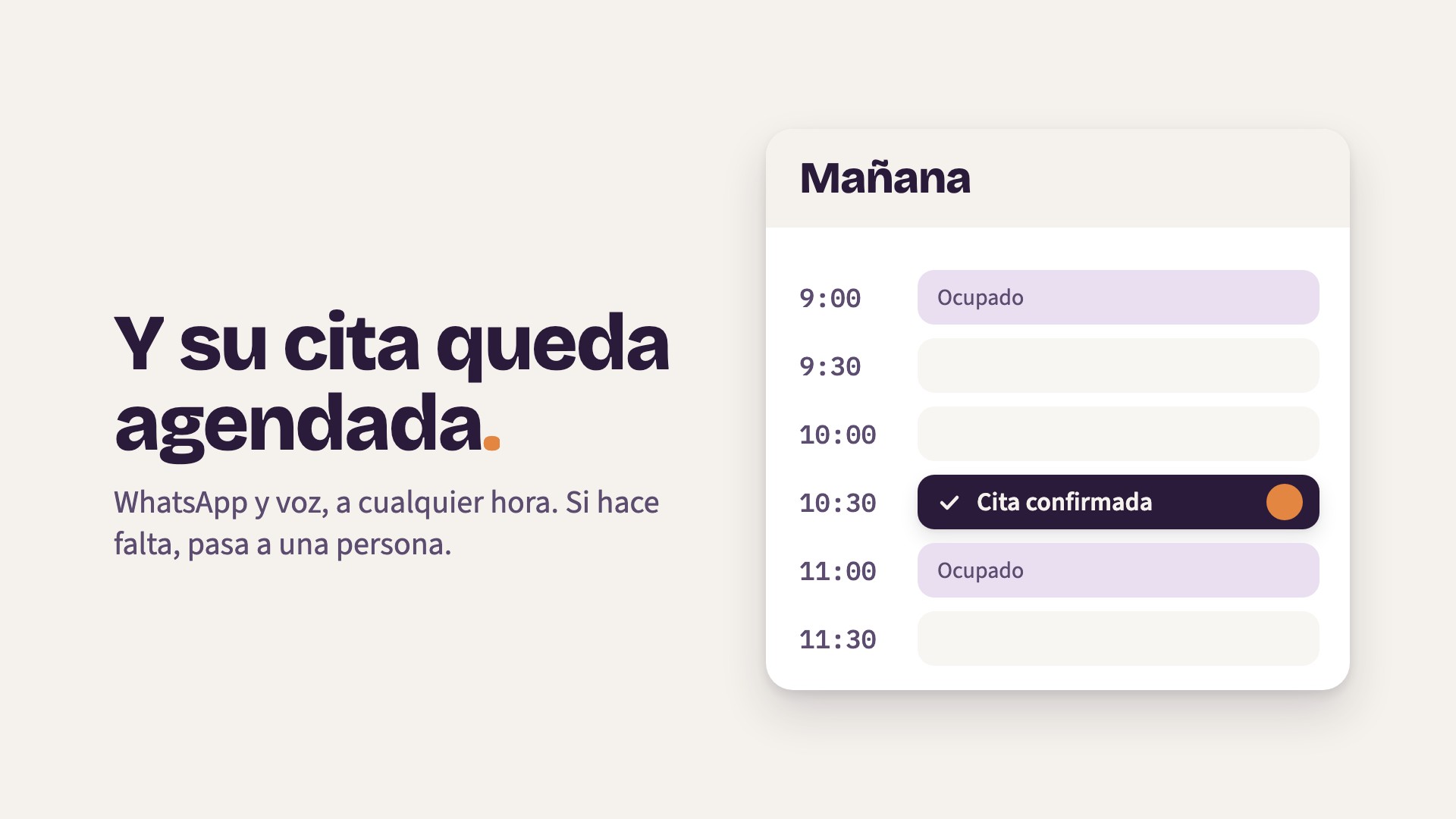 Un cliente escribe por WhatsApp de noche, recibe respuesta y su cita queda agendada